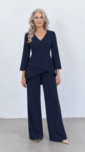 Ylma modas vestidos de fiesta, novia y comunión Conjunto azul marino de pantalón y cuerpo peplum