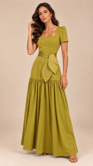 Ylma modas vestidos de fiesta, novia y comunión Vestido largo verde oliva con escote cuadrado y falda de gasa