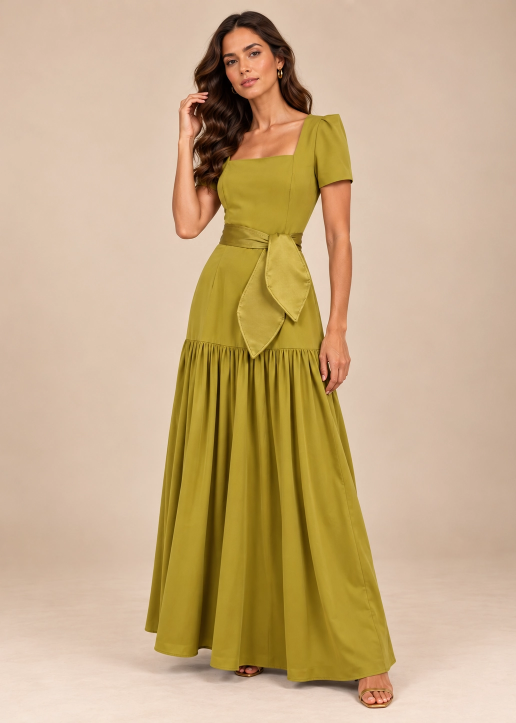 38073-37018 copia Vestido largo verde oliva con escote cuadrado y falda de gasa