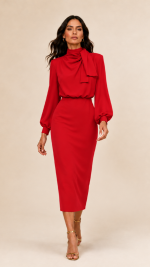 Ylma modas vestidos de fiesta, novia y comunión Vestido midi rojo de crepé fluido con lazada al cuello