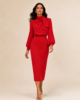 Vestido midi rojo de crepé fluido con lazada al cuello Vestido midi rojo de crepé fluido con lazada al cuello