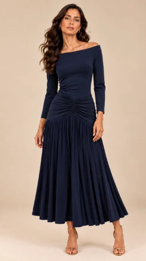 Vestido midi azul marino de punto con hombros descubiertos