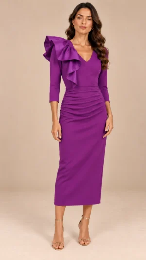 Vestido midi de crepe morado con volante de tafetán