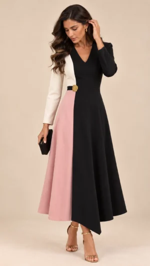 Ylma modas vestidos de fiesta, novia y comunión Vestido midi tricolor de crepe negro y rosa con broche dorado