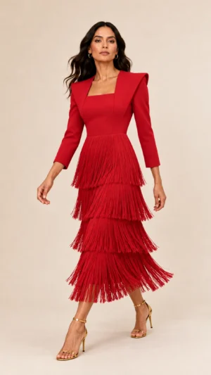 Ylma modas vestidos de fiesta, novia y comunión Vestido midi rojo de flecos con escote cuadrado