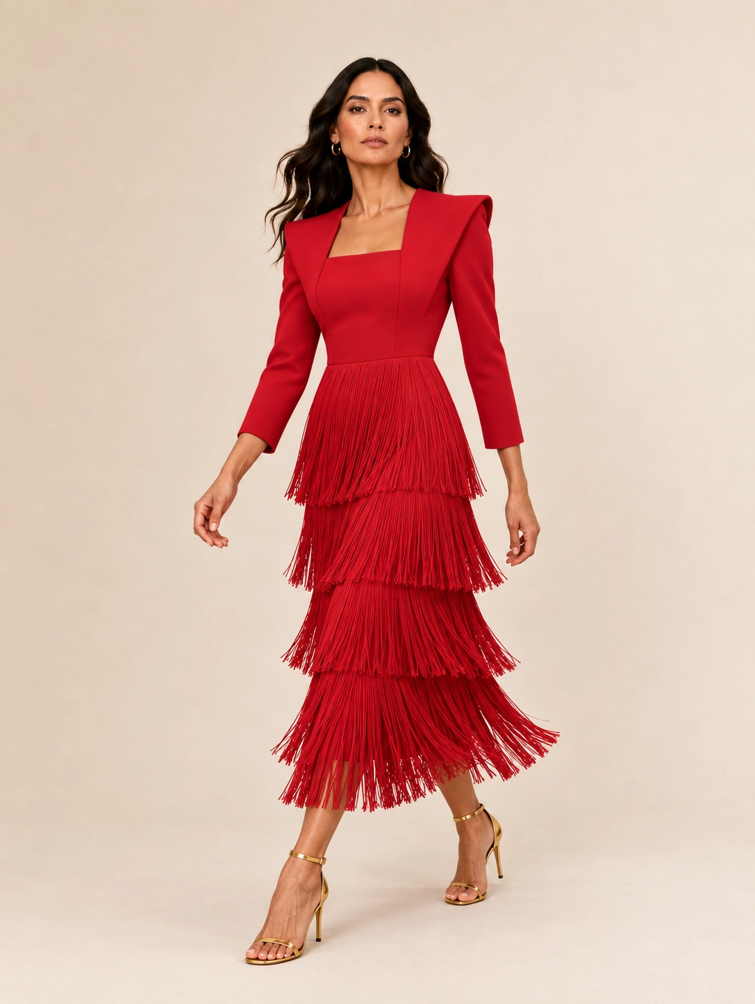 7890-rojo (1) copia Vestido midi rojo de flecos con escote cuadrado