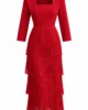 Vestido midi rojo de flecos con escote cuadrado Vestido midi rojo de flecos con escote cuadrado