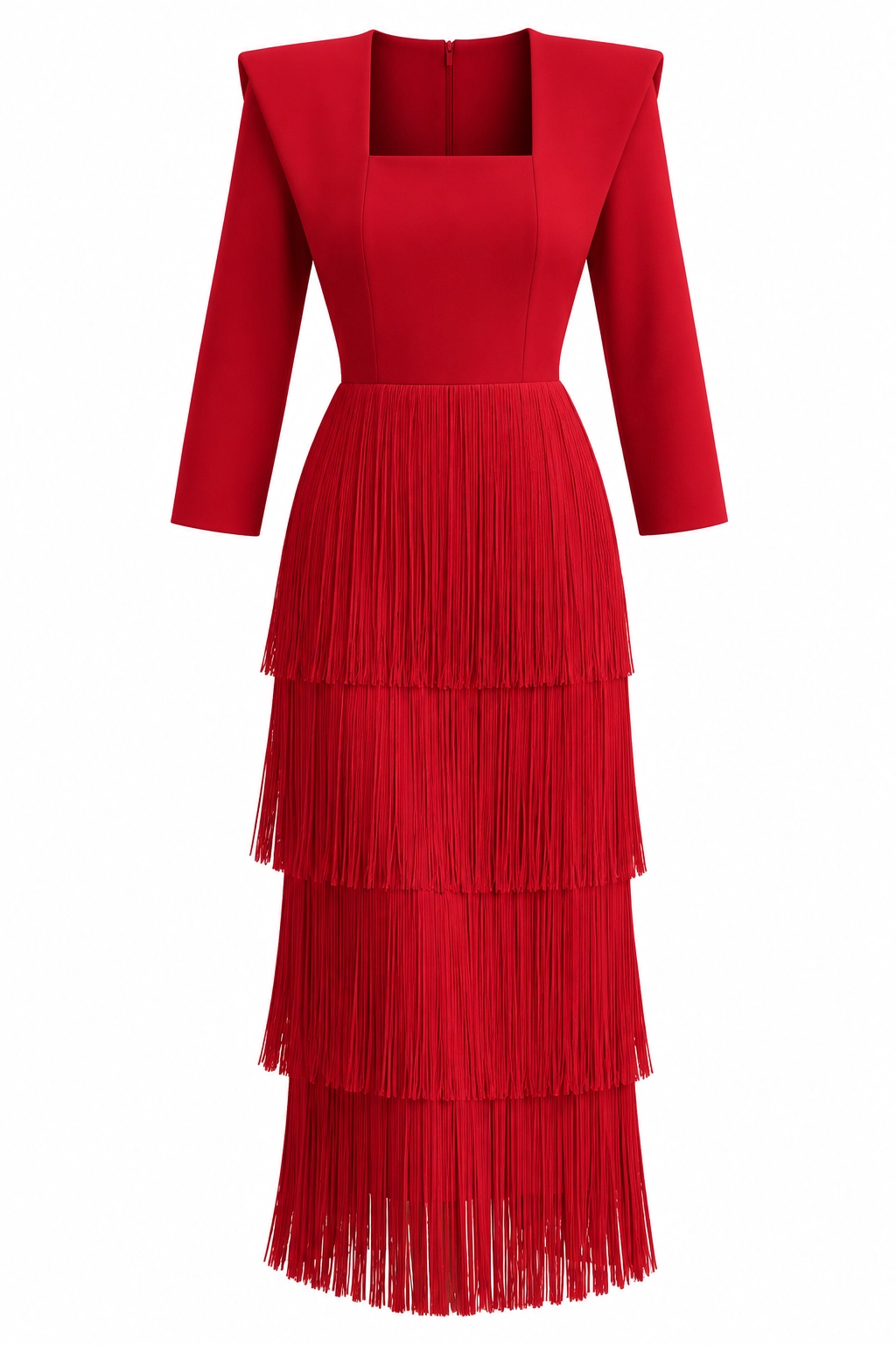 7890-rojo (2) copia Vestido midi rojo de flecos con escote cuadrado